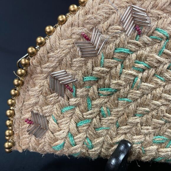 Antik Kraft Jute Clutch Natural Material Zip Up Half Circle Purse Bag - Picture 2 of 8